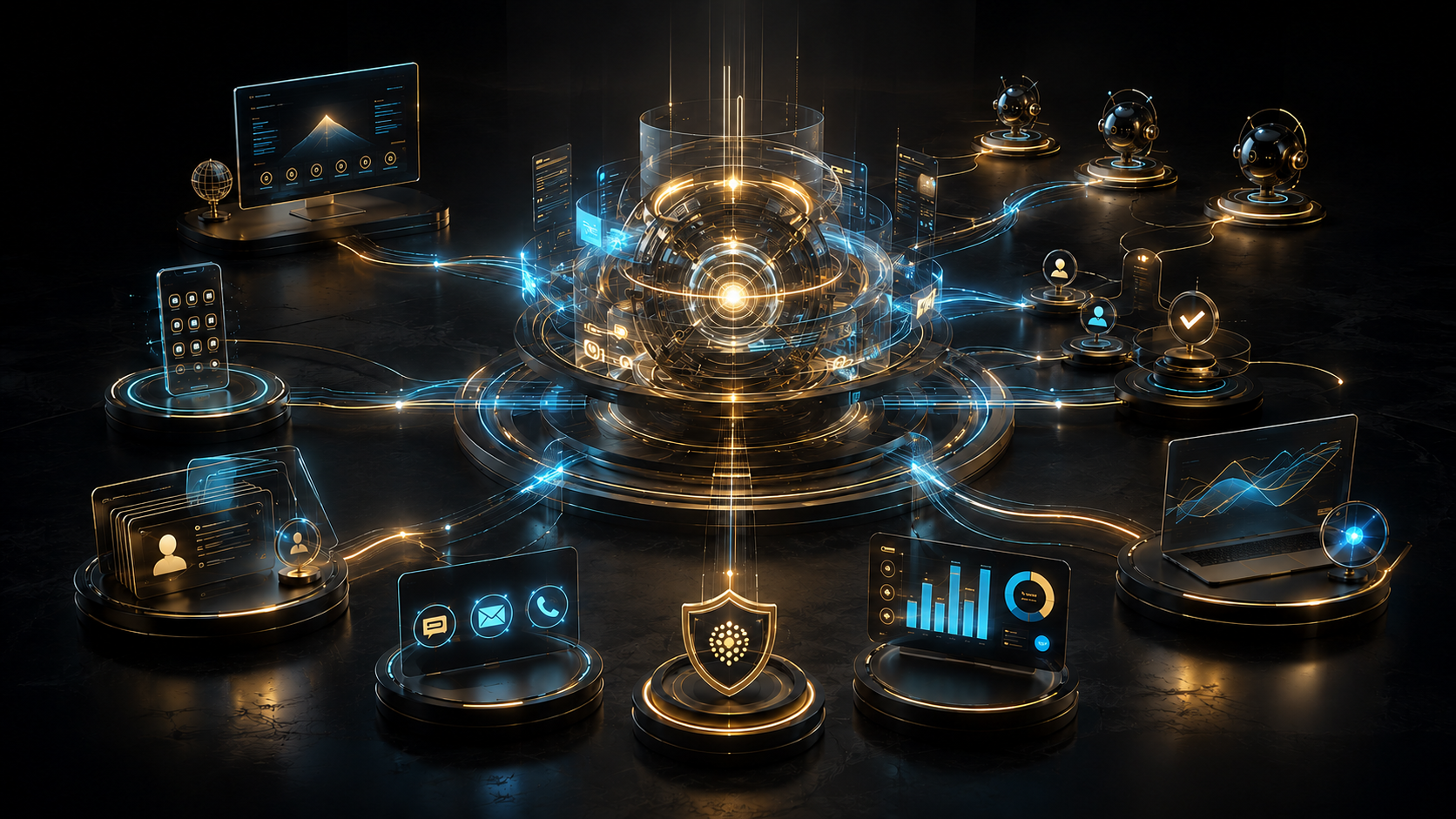 Abstract AI orchestration network connecting devices, data, people and governed automation