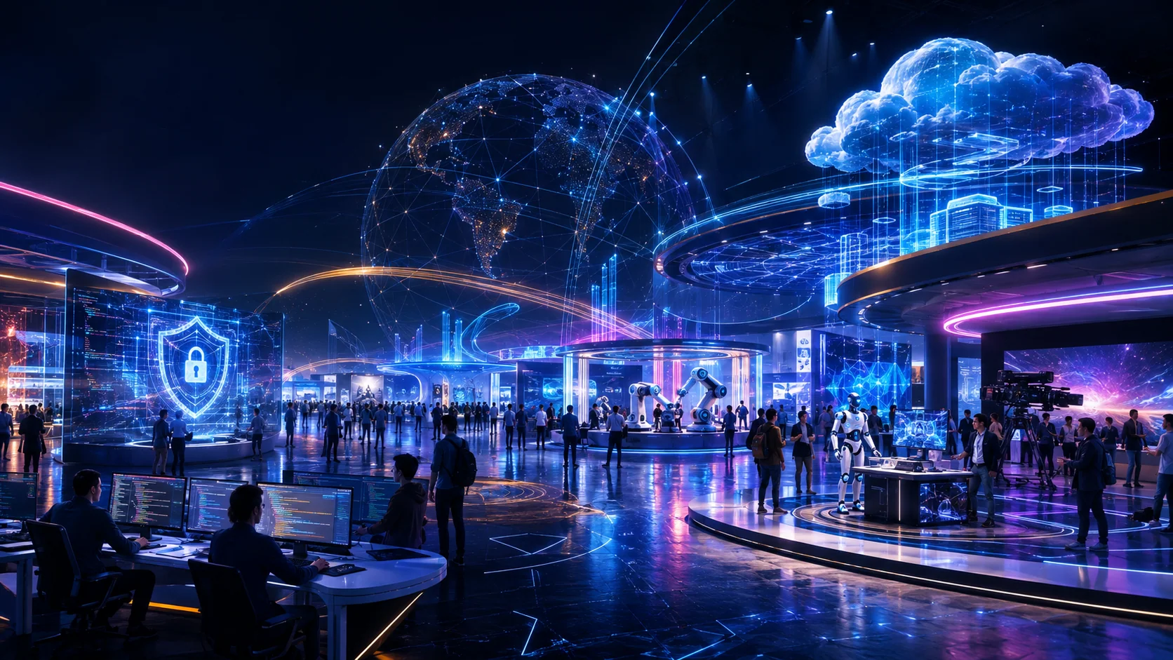 Global technology expo with luminous booths, stages and international attendees