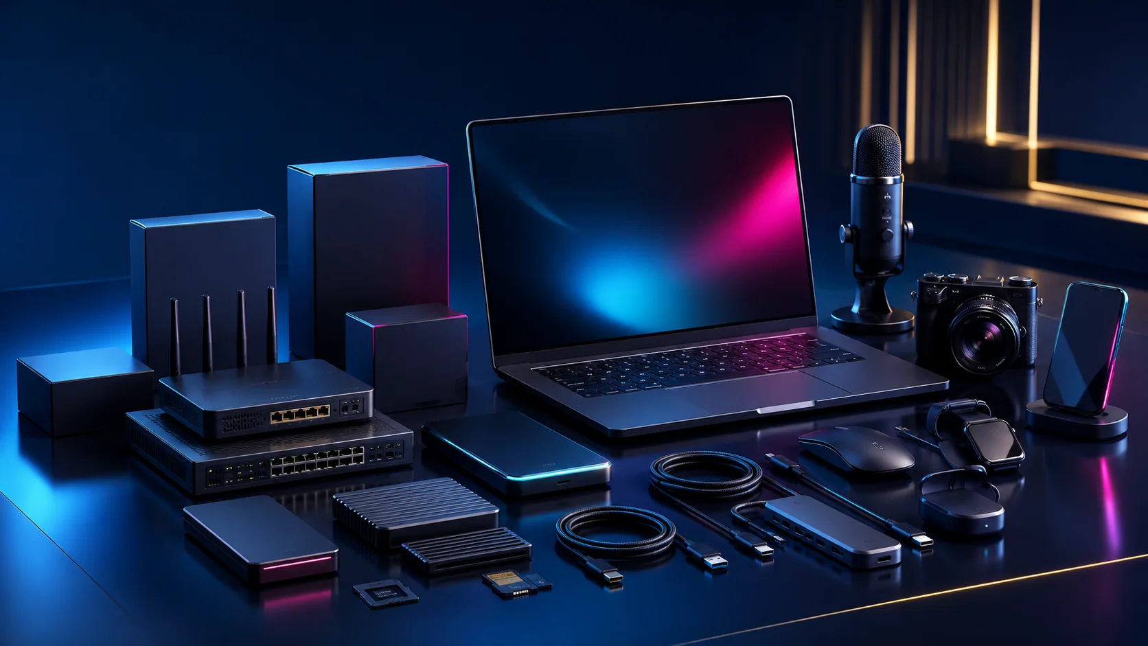 Bright editorial arrangement of modern technology tools and creator equipment
